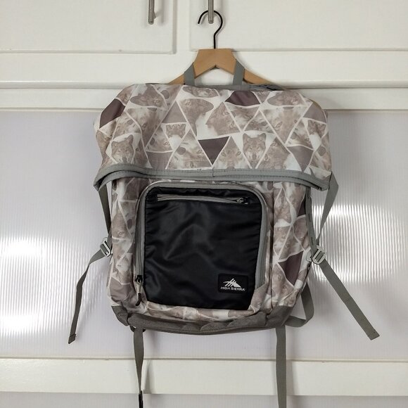 High Sierra Wolf Print Rolltop Backpack Grey Gray Black Large 63926 Polyester - Picture 1 of 14